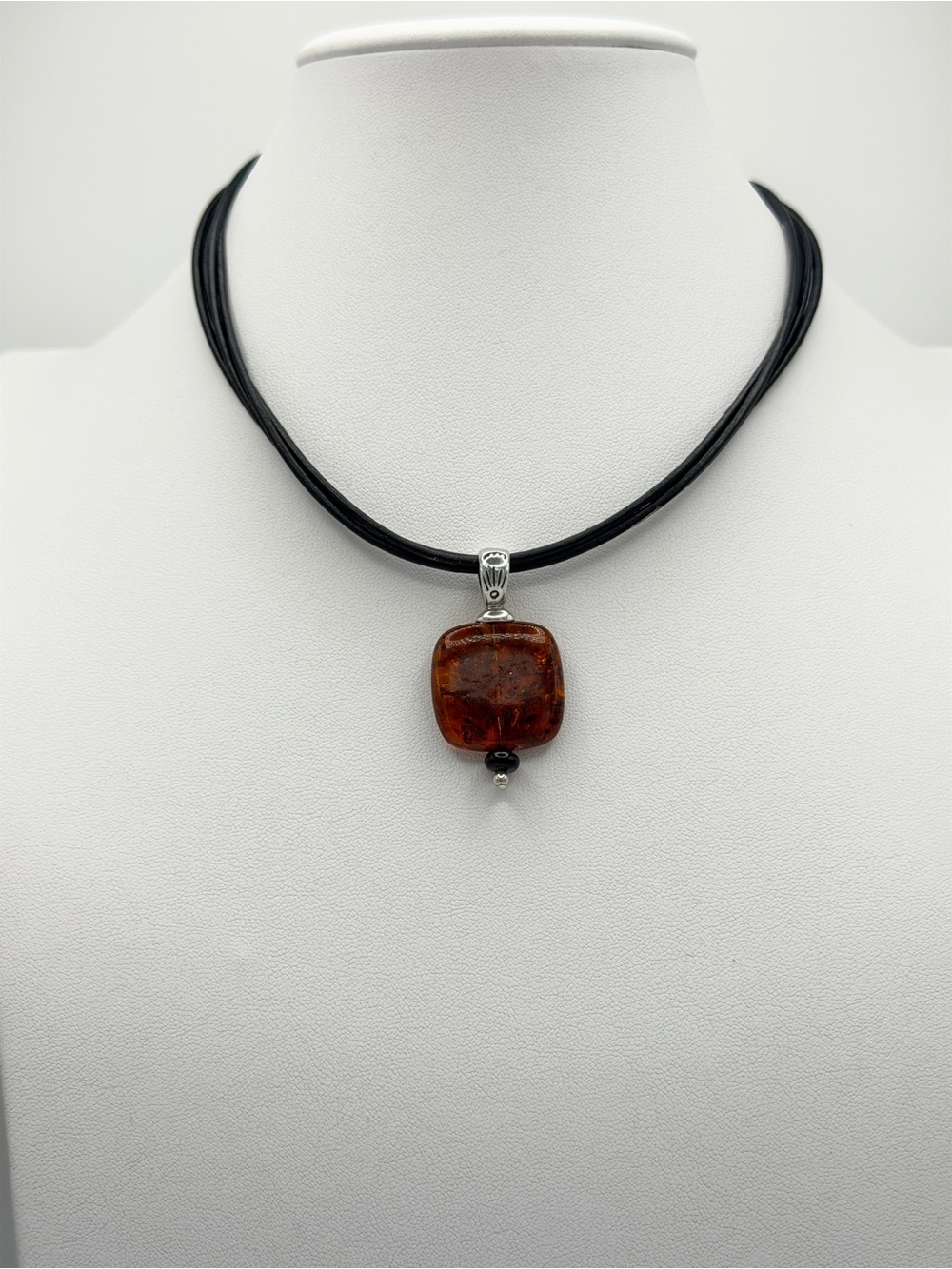 Silpada Vintage Sterling 4-Strand Leather Amber Pendant w/Onyx Beads Necklace - Picture 2 of 15